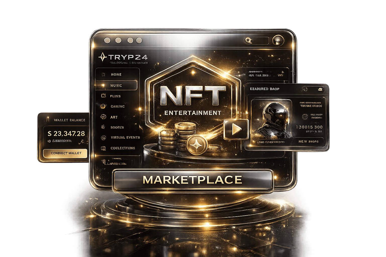 TRYP24 NFT entertainment marketplace — browse music, film, gaming, art, and collectibles